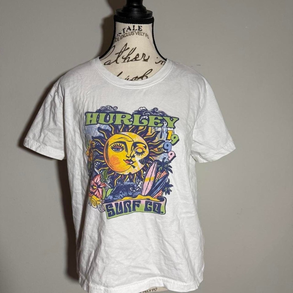Hurley Surf Go Graphic Tee White Sun Surfboard Retro 1999 Beach T-Shirt Womens L